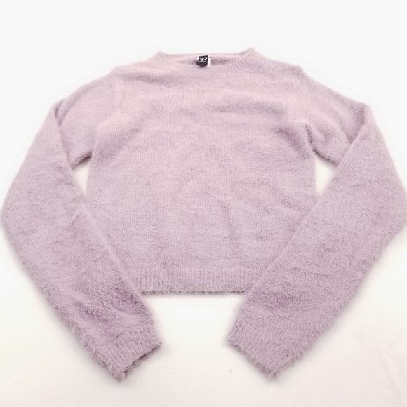 Windsor Sweaters - Fuzzy Crew Neck Crop Top Sweater Lavender Purple